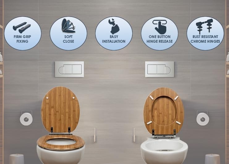 Luxury Bamboo Toilet Seat Soft Close Moulded Wood Stainless Steel Hinges Click