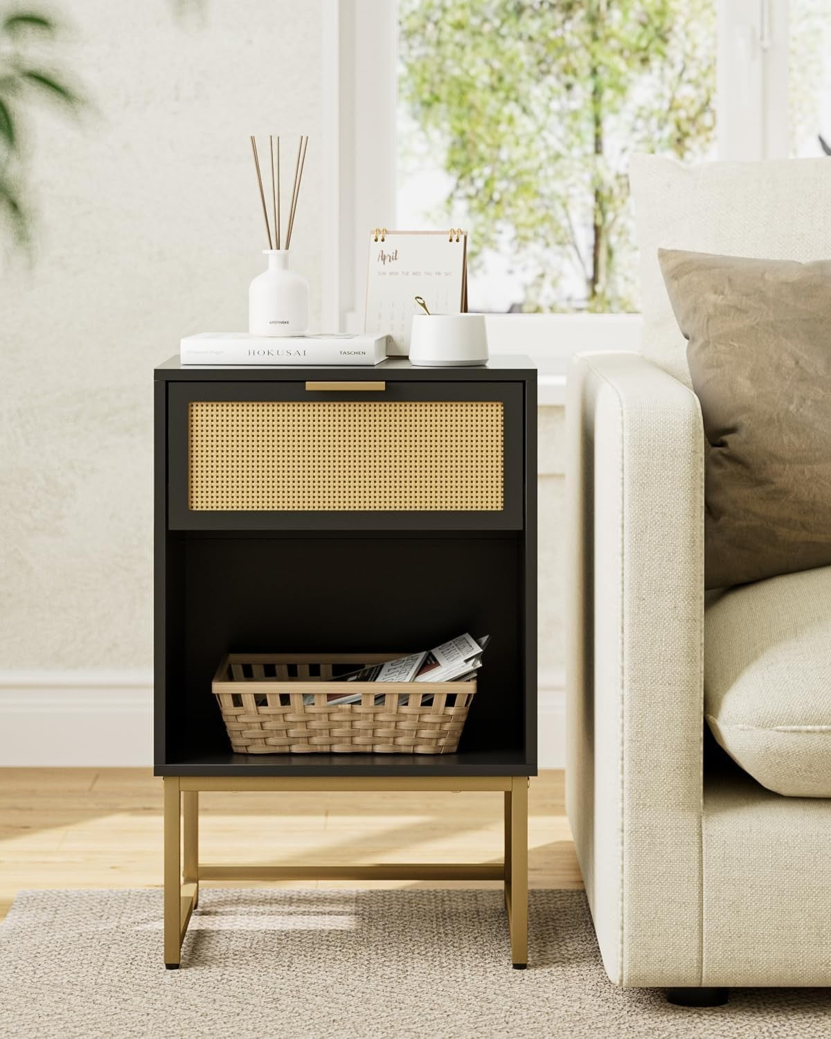 Modern Black Rattan Bedside Table with Drawer & Shelf – Gold Metal Legs