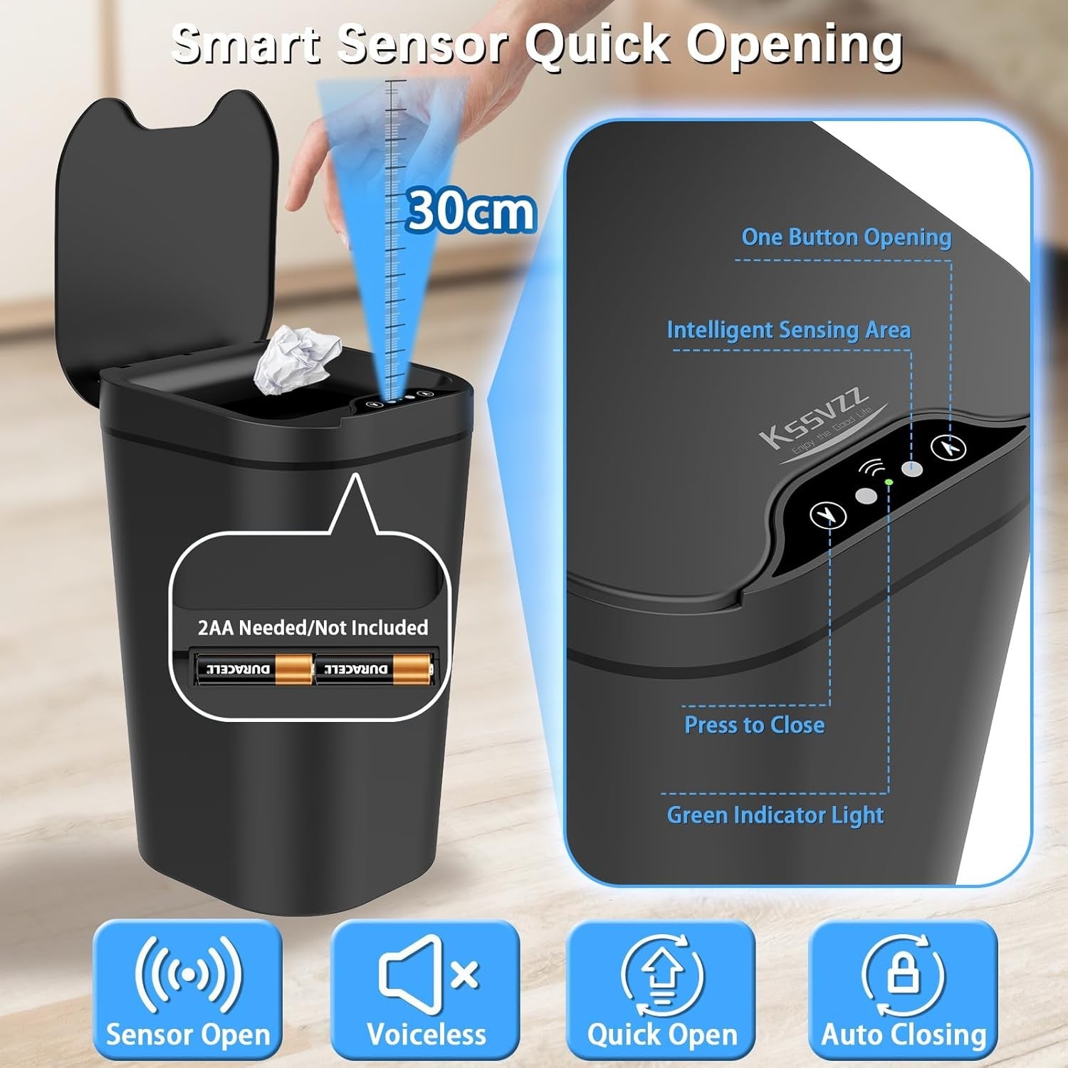 2 Pack 10L Touchless Bathroom Sensor Bins Slim Waterproof Black