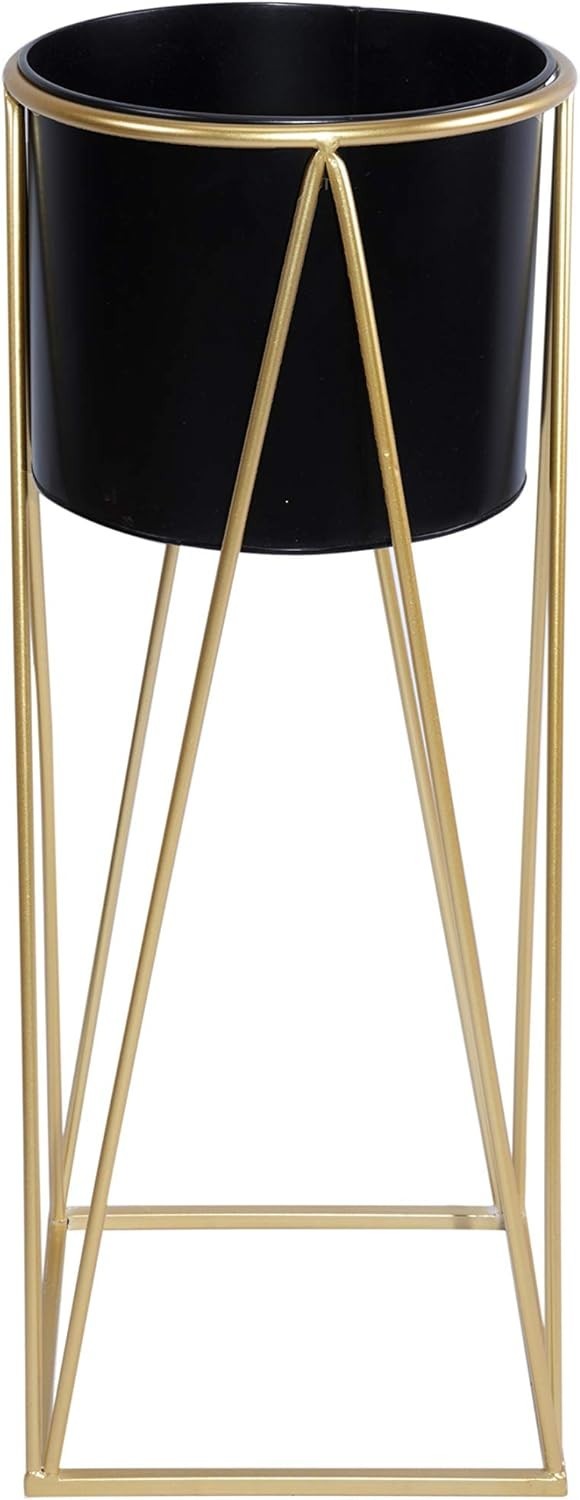 Modern Metal Planter Stand with Pot, Tall Indoor Flower Plant Holder, Black Gold