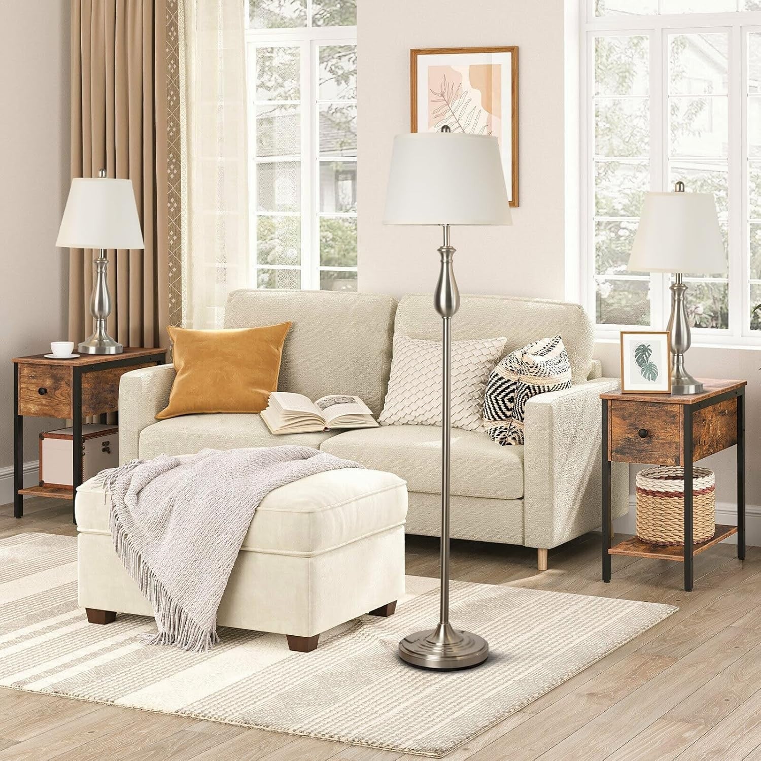 3-Piece Floor & Table Lamp Set with Soft Linen Shades, Silver, 51x25x51cm