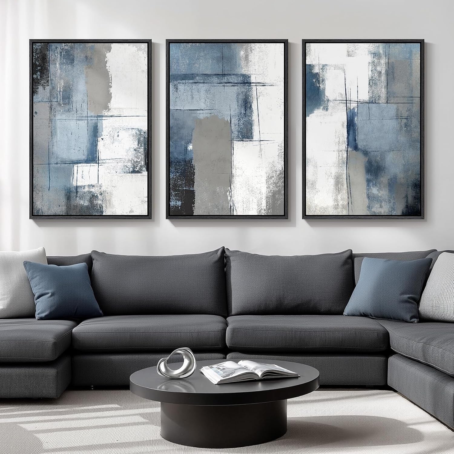 3-Piece Navy Blue & Grey Abstract Canvas – Large Modern Wall Art 24x36in