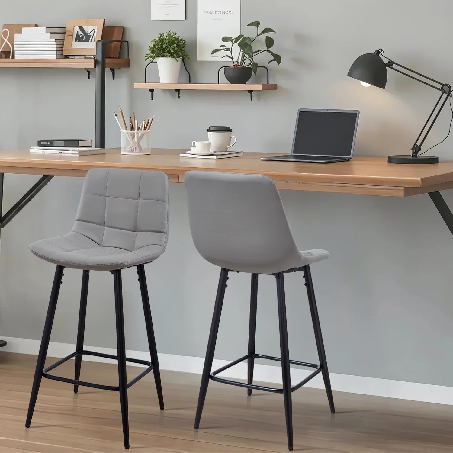Grey Faux Leather Bar Stools Set of 2 – Fixed Height Kitchen Chairs