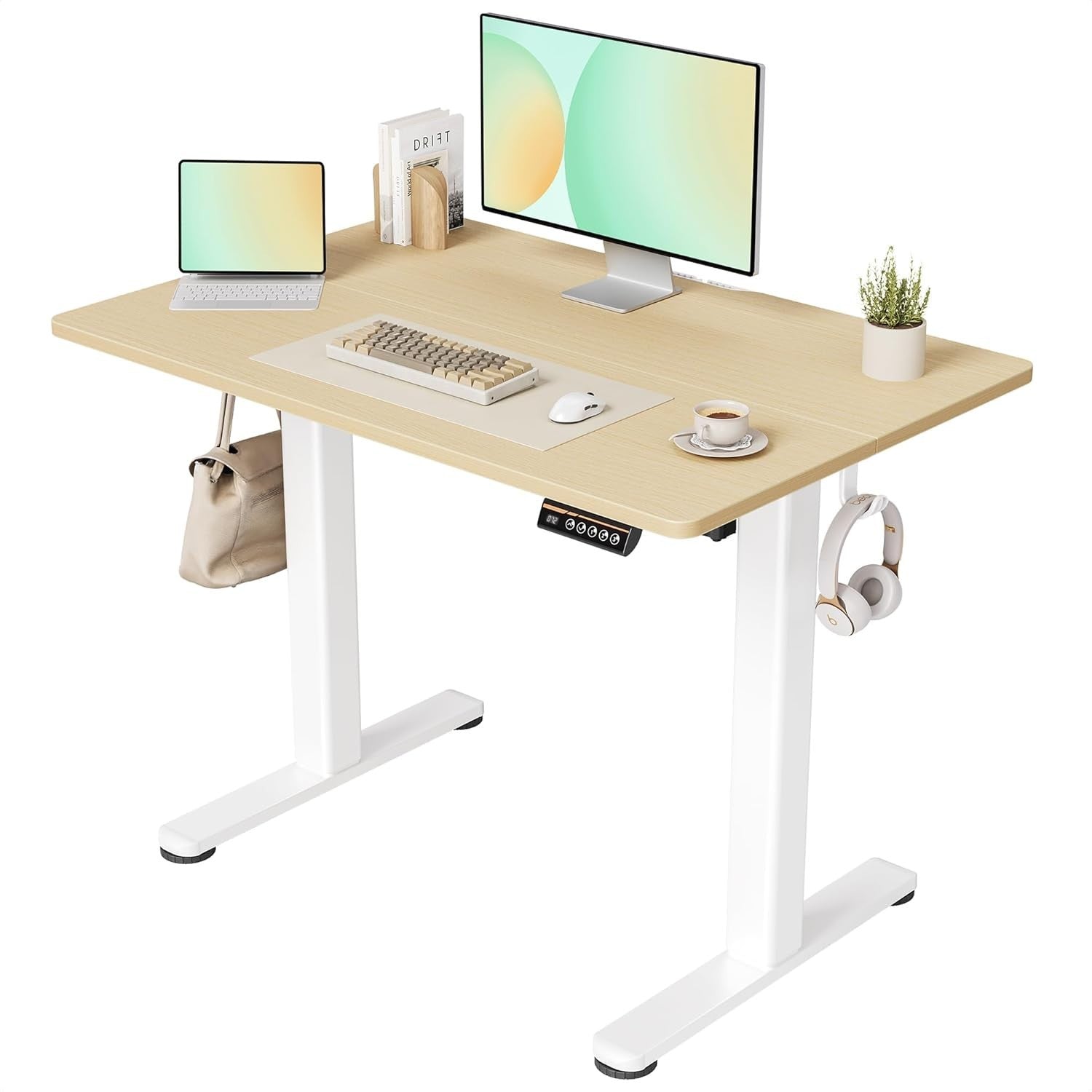 Beige Electric Standing Desk 100x60cm Adjustable Sit and Stand Home Office Table