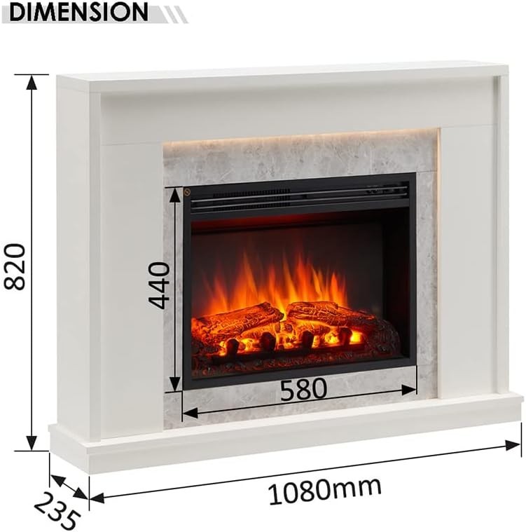 White Electric Fireplace Suite 2kW LED Heater Modern Wall Mounted 43"