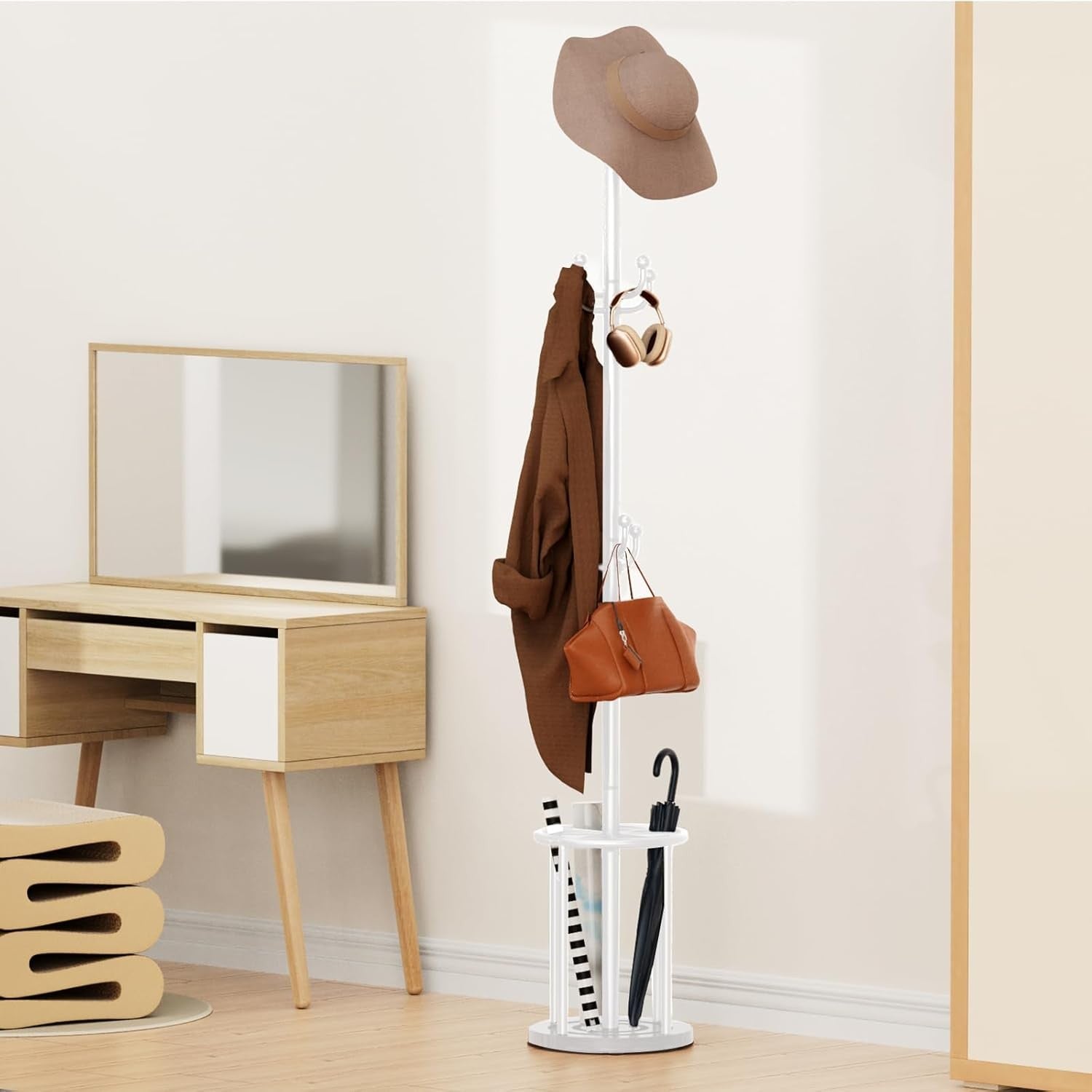 White Metal Coat Rack Stand | 12 Hook Freestanding Hall Tree with Umbrella Base