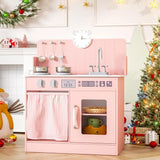 Wooden Kids Play Kitchen Pink Toy Cooker Sink Cookware Storage Set