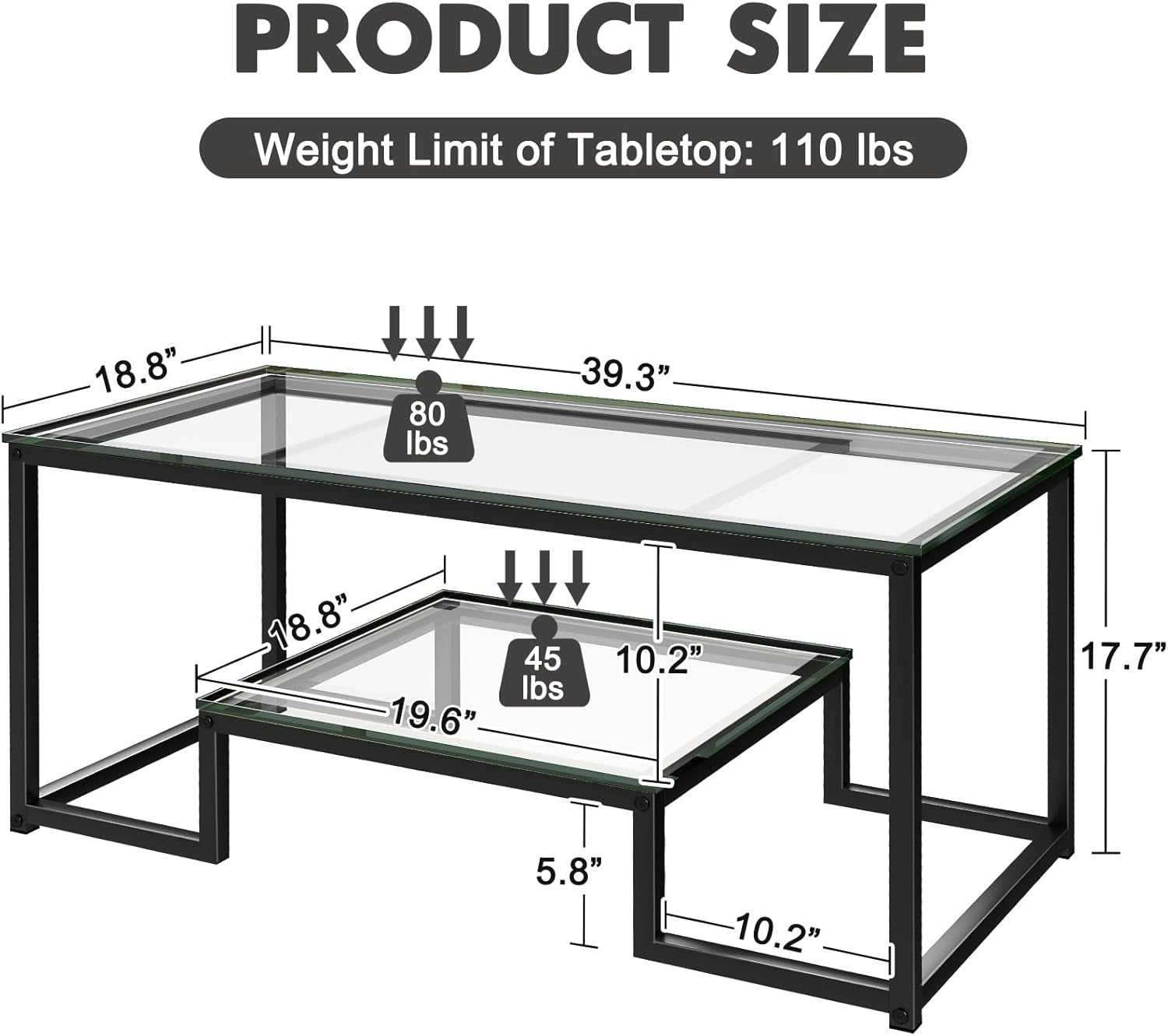 Modern Glass Coffee Table with Shelf – Black Metal Frame 2-Tier 100cm