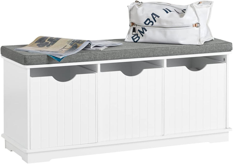 Hallway Shoe Storage Bench with 3 Drawers & Removable Cushion, White
