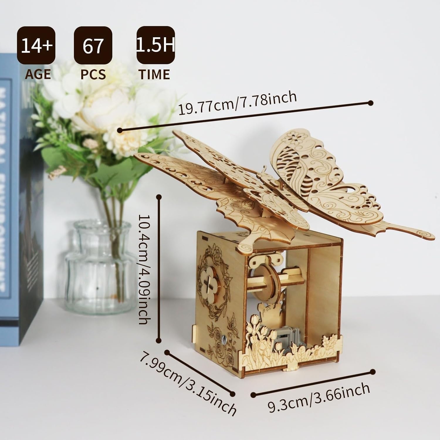 3D Wooden Butterfly Music Box DIY Puzzle Gift for Adults Teens Decor
