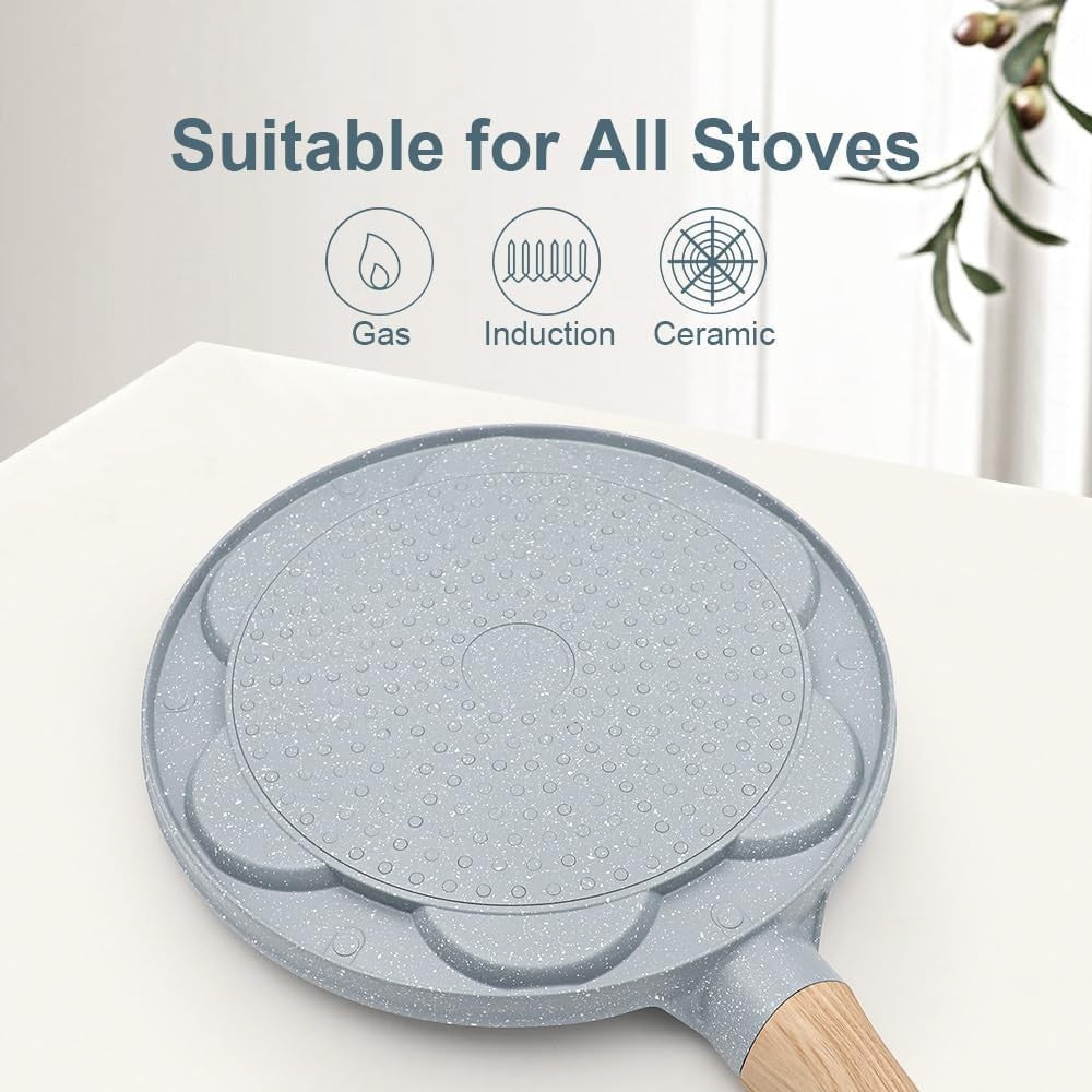 7-Hole Kids Pancake Pan Non-Stick Ceramic w/ Detachable Handle Blue Induction