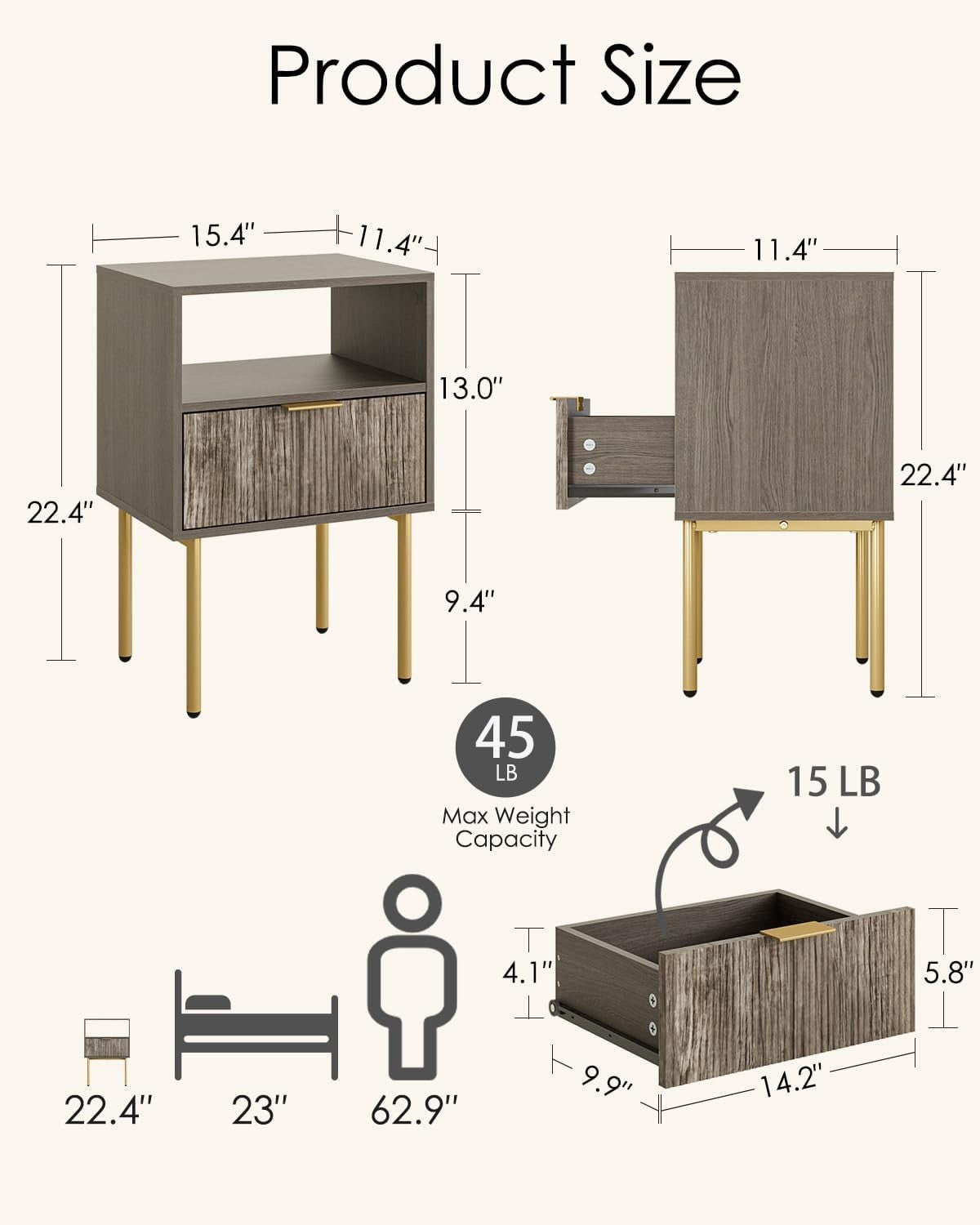Modern Grey Bedside Table with Drawer & Open Shelf | Wooden Nightstand