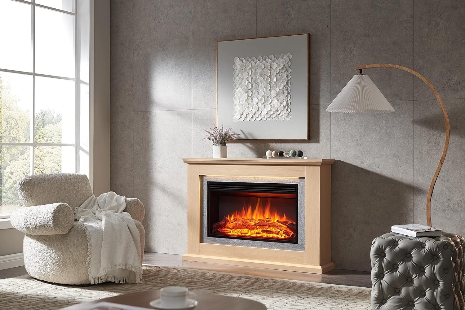 47” Oak Electric Fireplace Heater 2kW LED Flame Remote Modern Mantel