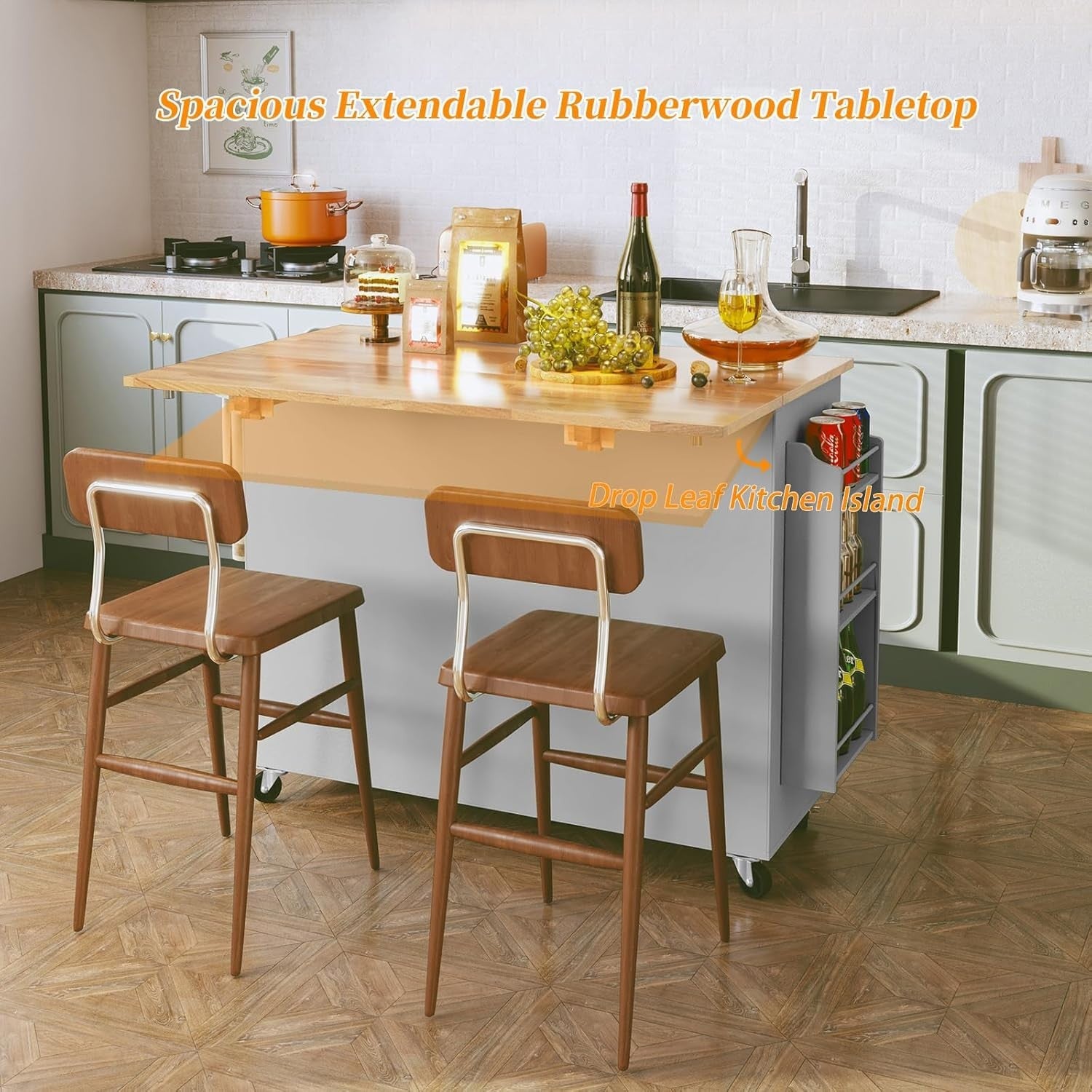 Grey Kitchen Island on Wheels with Extendable Rubberwood Top & Storage