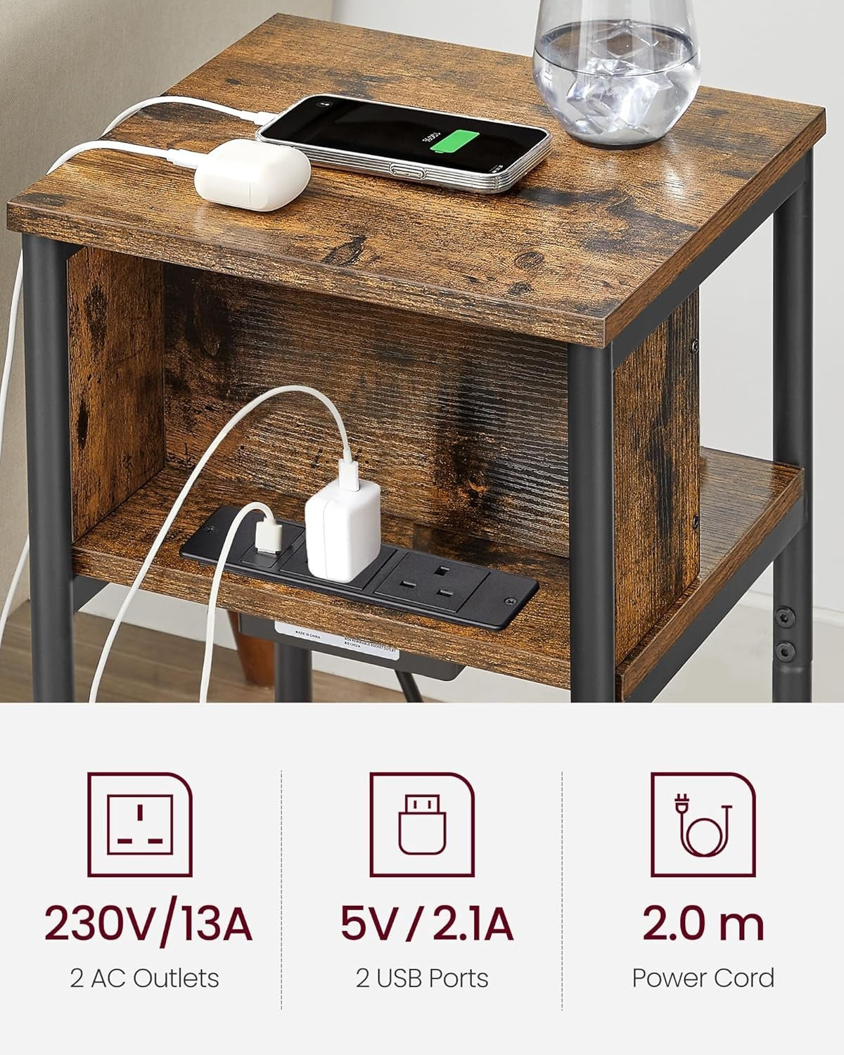 Slim Side Table with USB Charging Ports, 3 Tiers, 30x34x58cm, Rustic