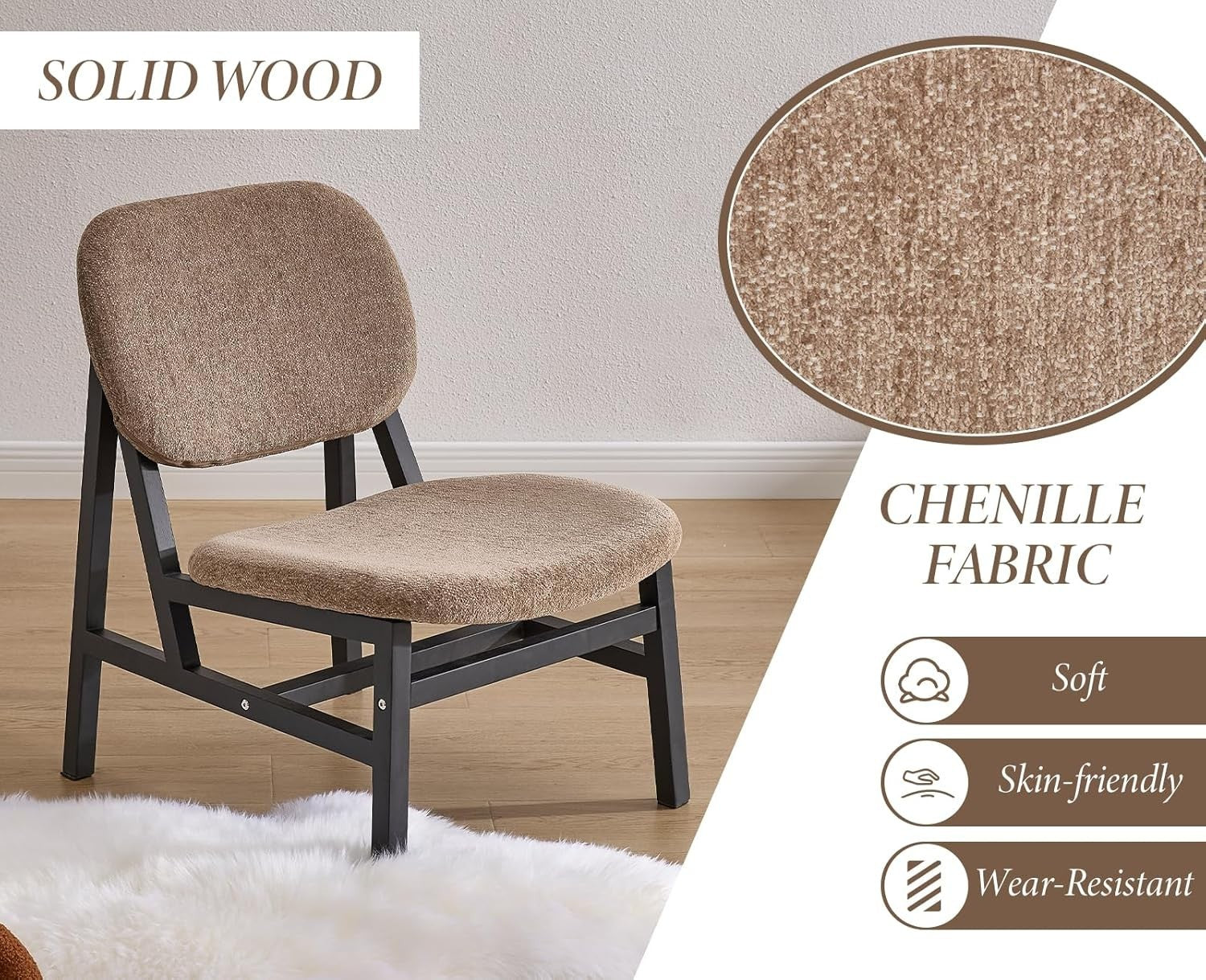 Retro Wooden Lounge Chair Chenille Fabric Armchair for Living Room Decor