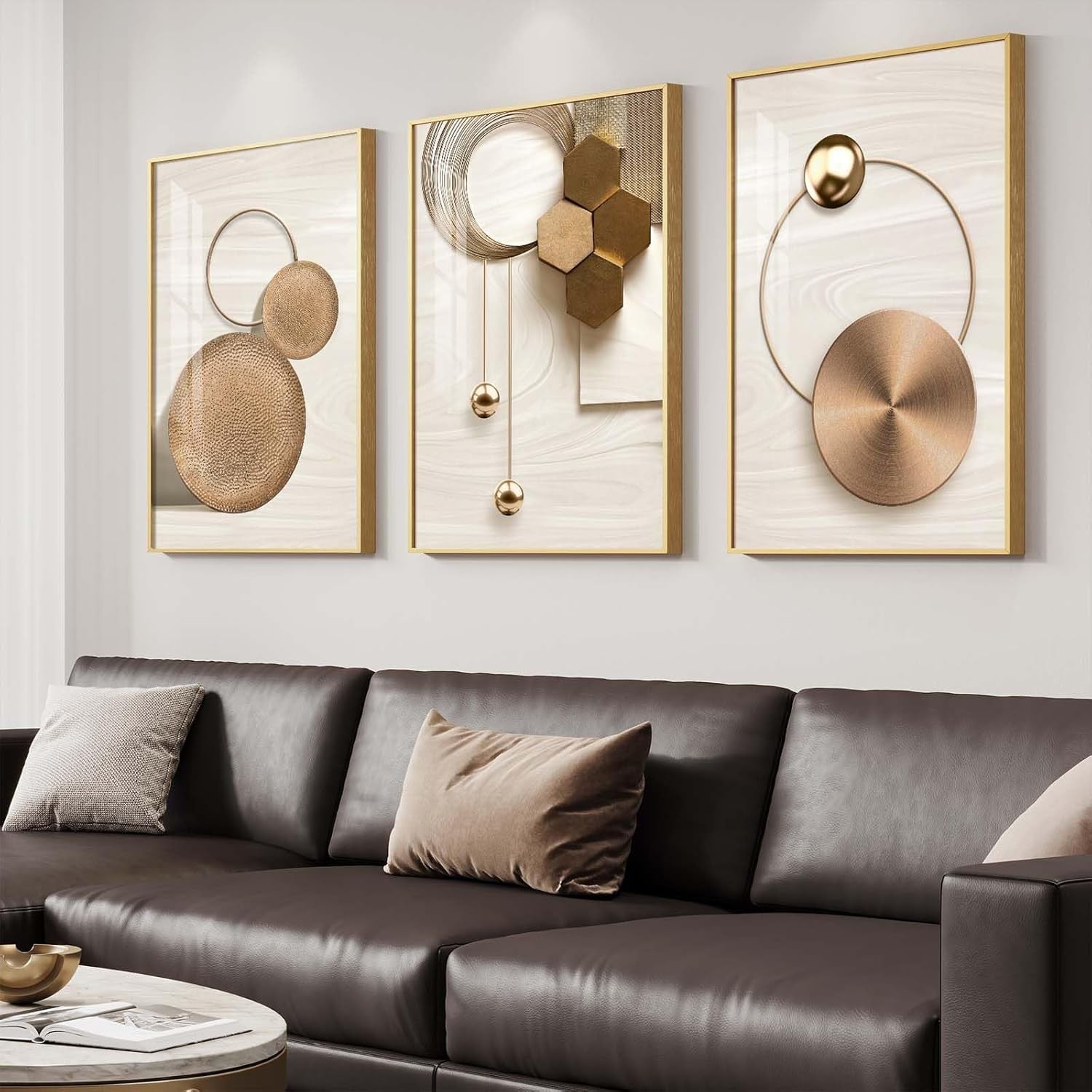 Large Framed Gold Wall Art Set of 3 Modern Geometric Prints