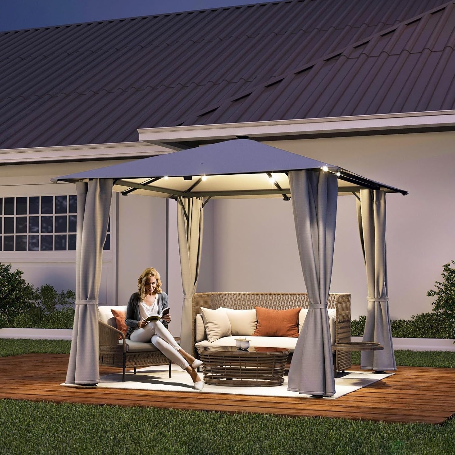 3x3M Metal Gazebo with Solar LED Lights & Curtains | Remote Control Outdoor
