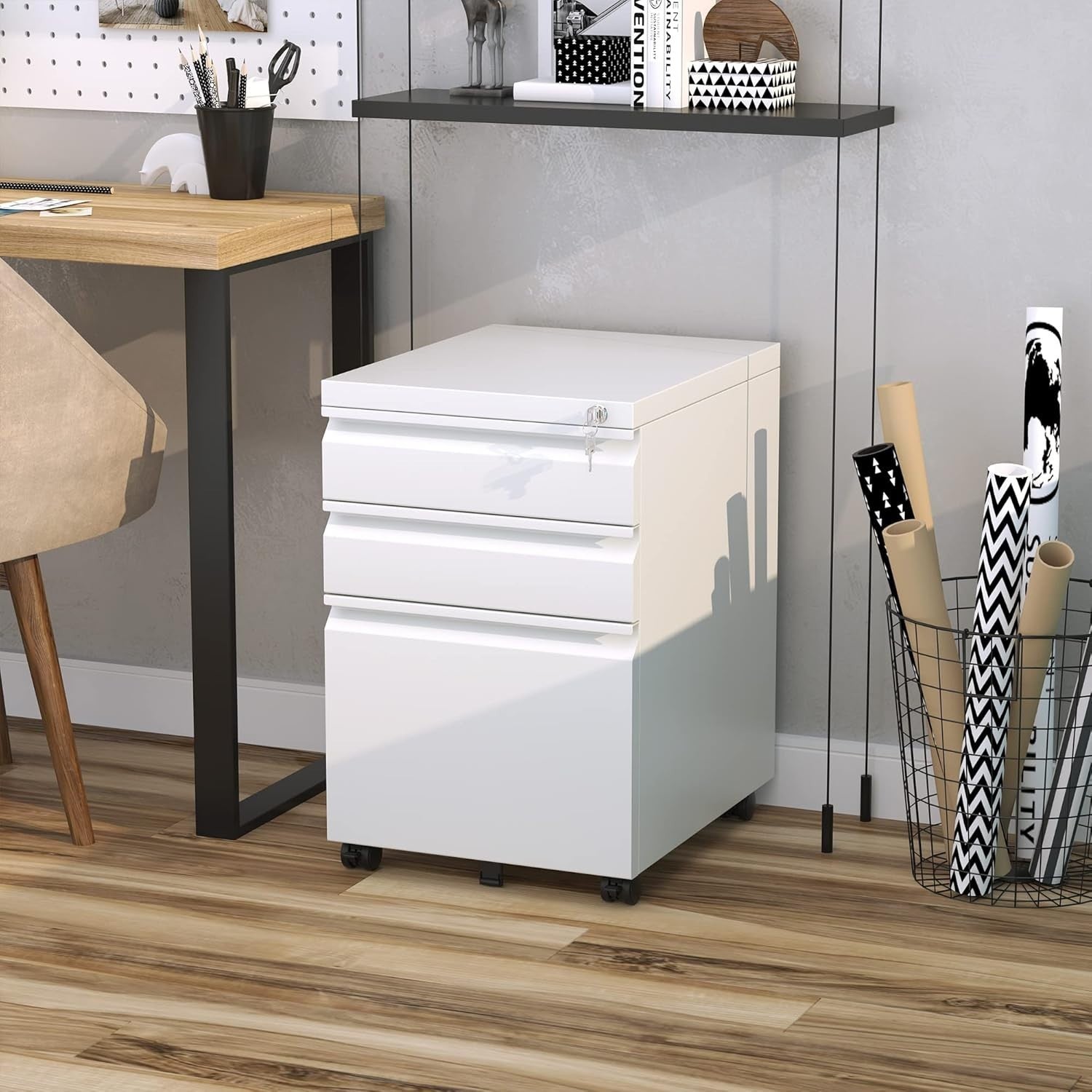 3 Drawer Mobile Filing Cabinet with Lock Under Desk Office Storage White