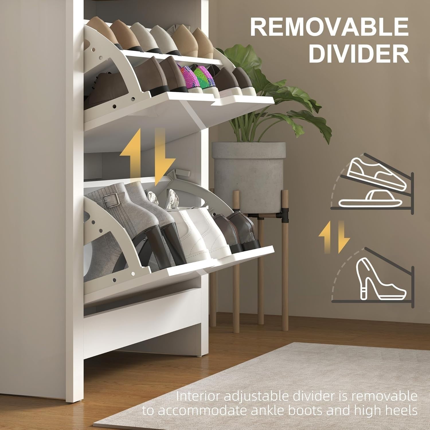 Slim White Shoe Cabinet 2 Flip Drawers Gloss Finish Narrow Storage Unit