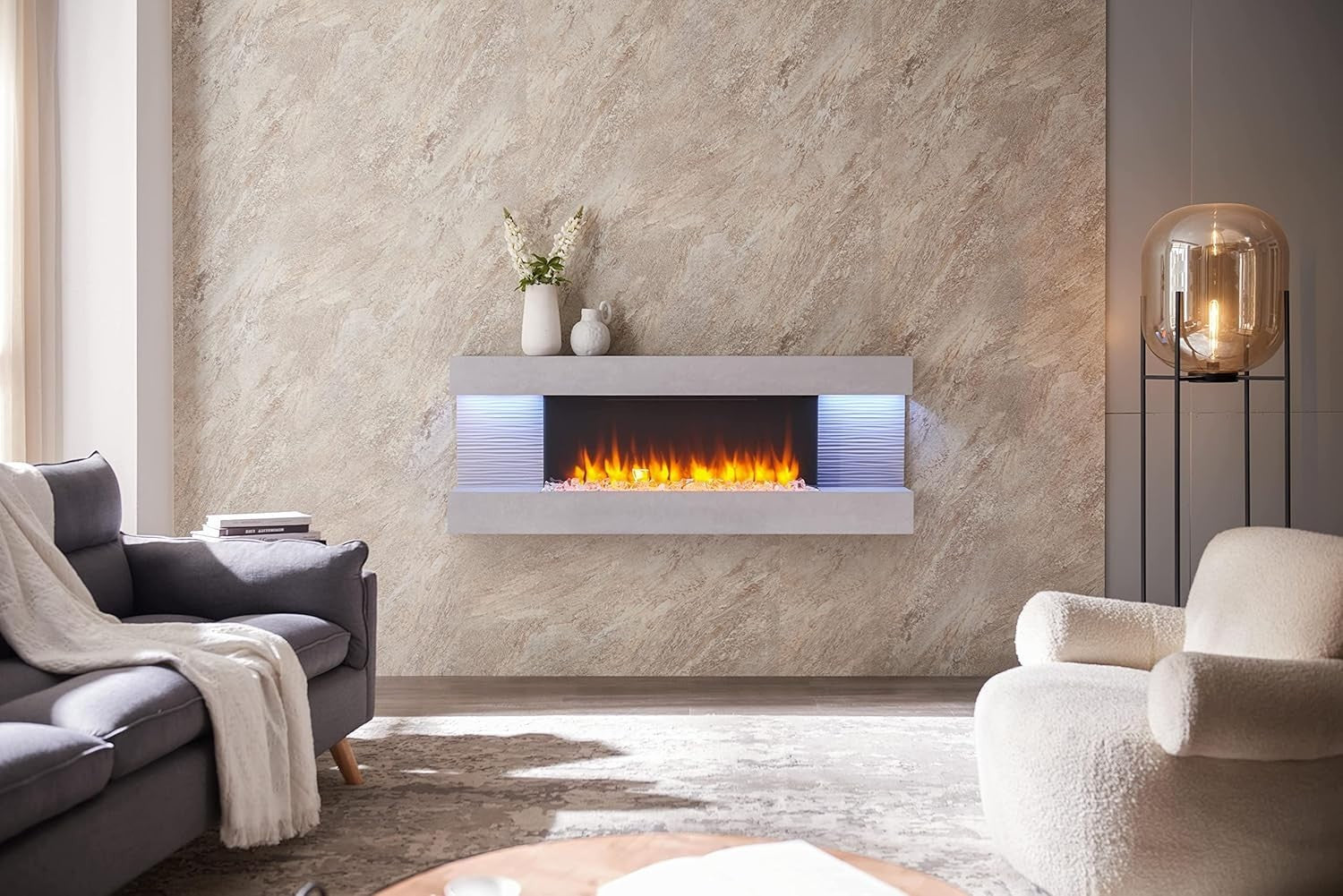 Wall Mounted Electric Fireplace 60" Cement Grey Modern LED Flame Heater