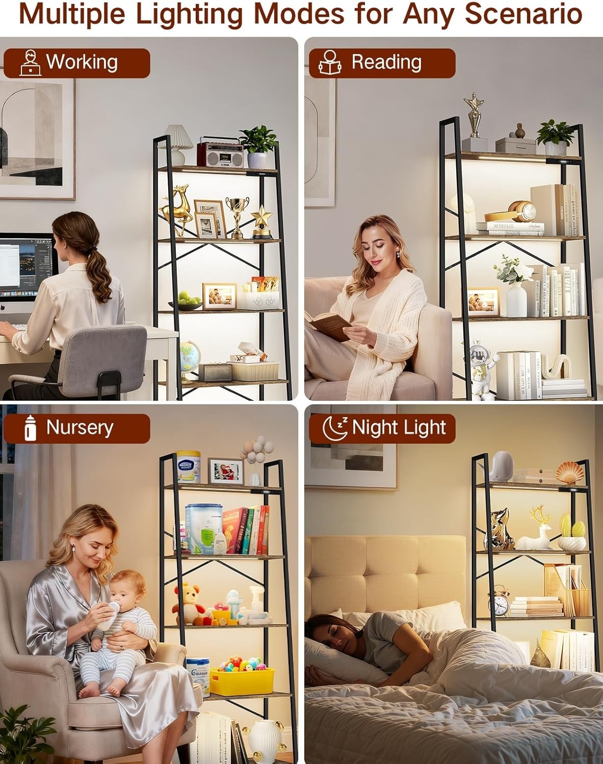5 Tier Ladder Shelf LED Lights Dimmable Tall Bookcase Corner Unit