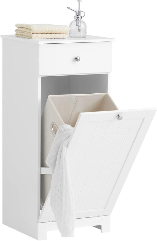Slim White Bathroom Laundry Cabinet with Tilt Hamper & Drawer 40x90cm Modern