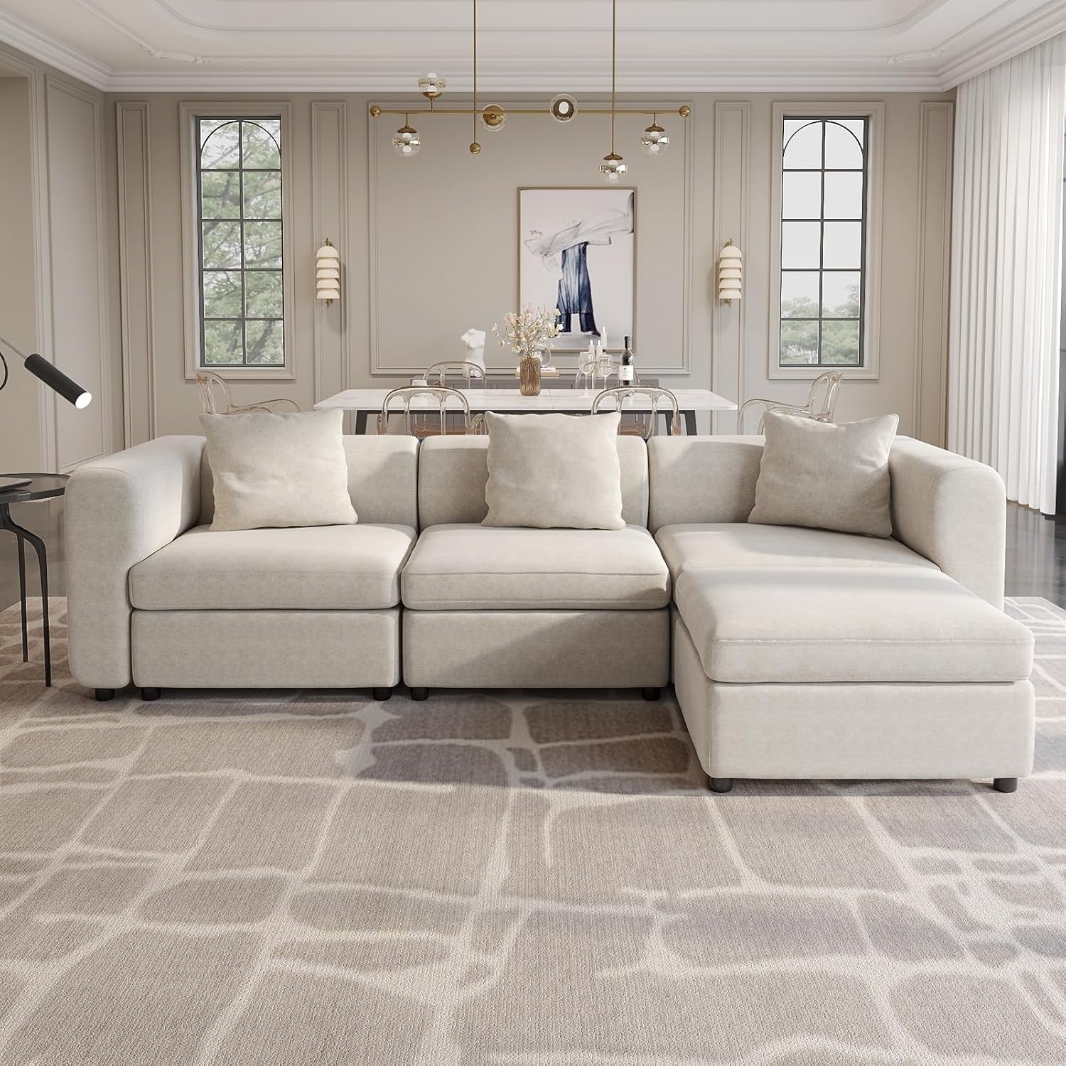 Oversized Velvet 4 Seater Sofa Beige 294CM Storage Footstool Cushions
