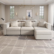 Oversized Velvet 4 Seater Sofa Beige 294CM Storage Footstool Cushions