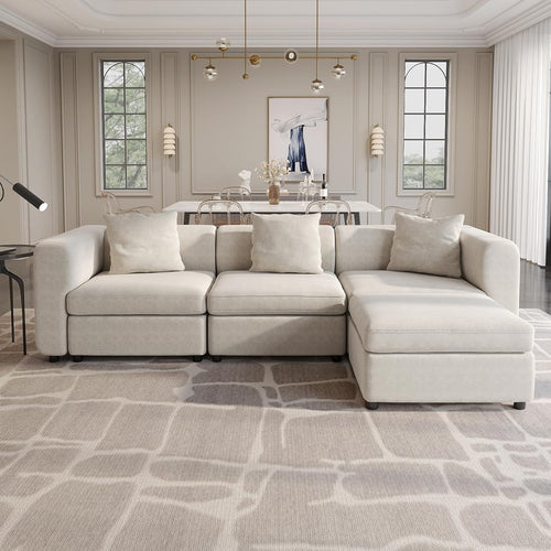 Oversized Velvet 4 Seater Sofa Beige 294CM Storage Footstool Cushions
