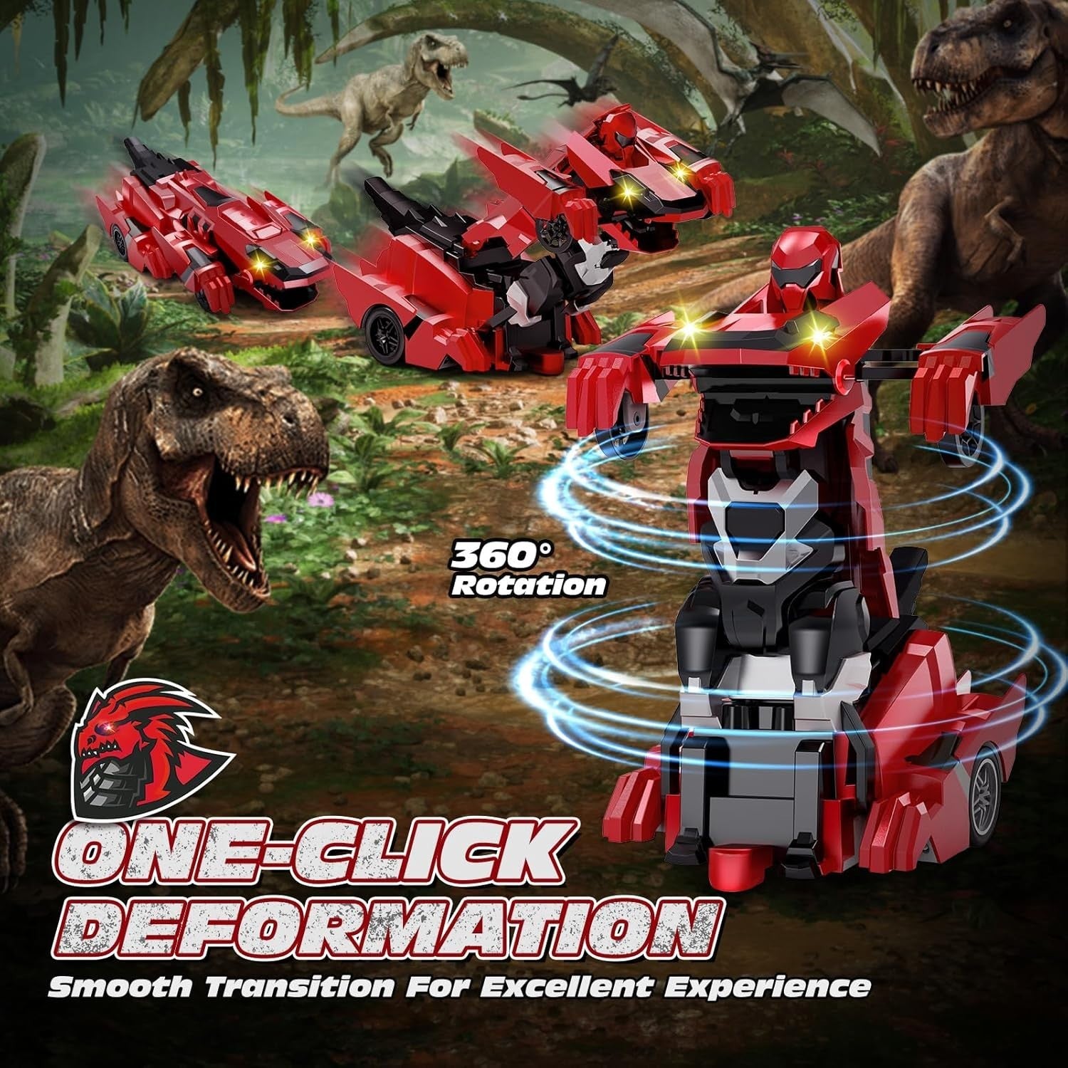 2-in-1 Dinosaur RC Car Robot Transform 360° Spin LED Remote Toy for Kids