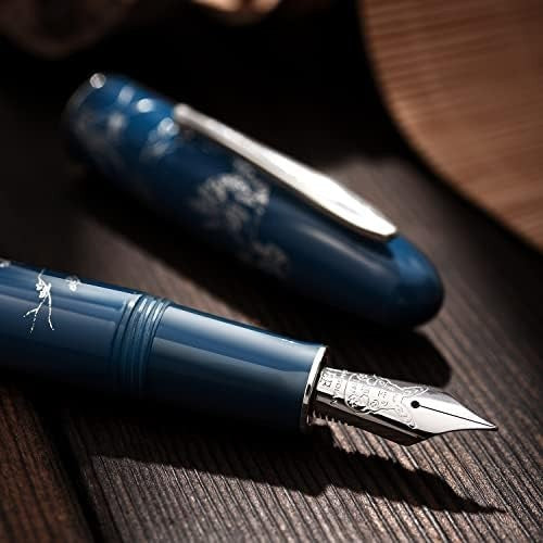 Extra Fine Fountain Pen Blue Metal Silver Trim Gift Box Set