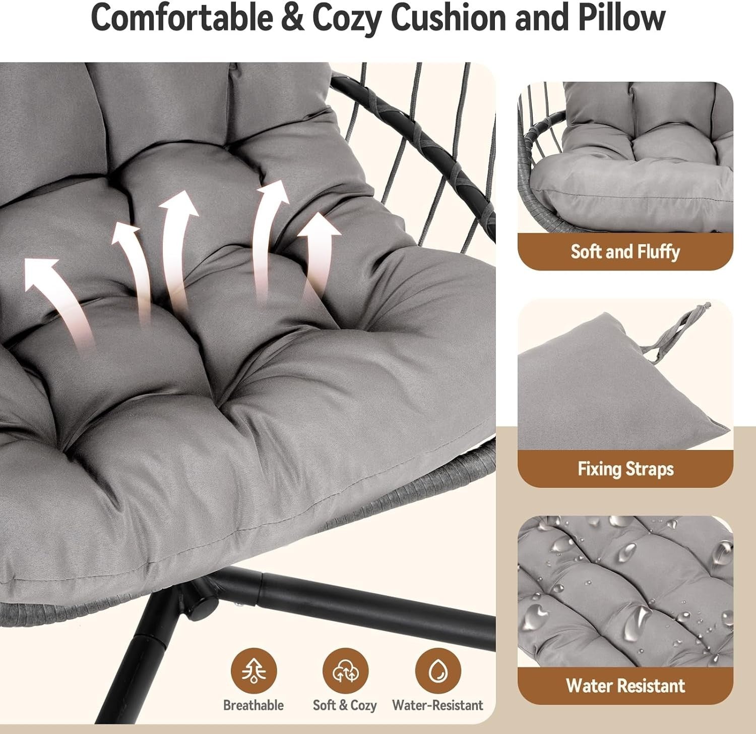 Indoor Outdoor Hanging Egg Chair with Stand Plush Cushion Patio Swing Seat
