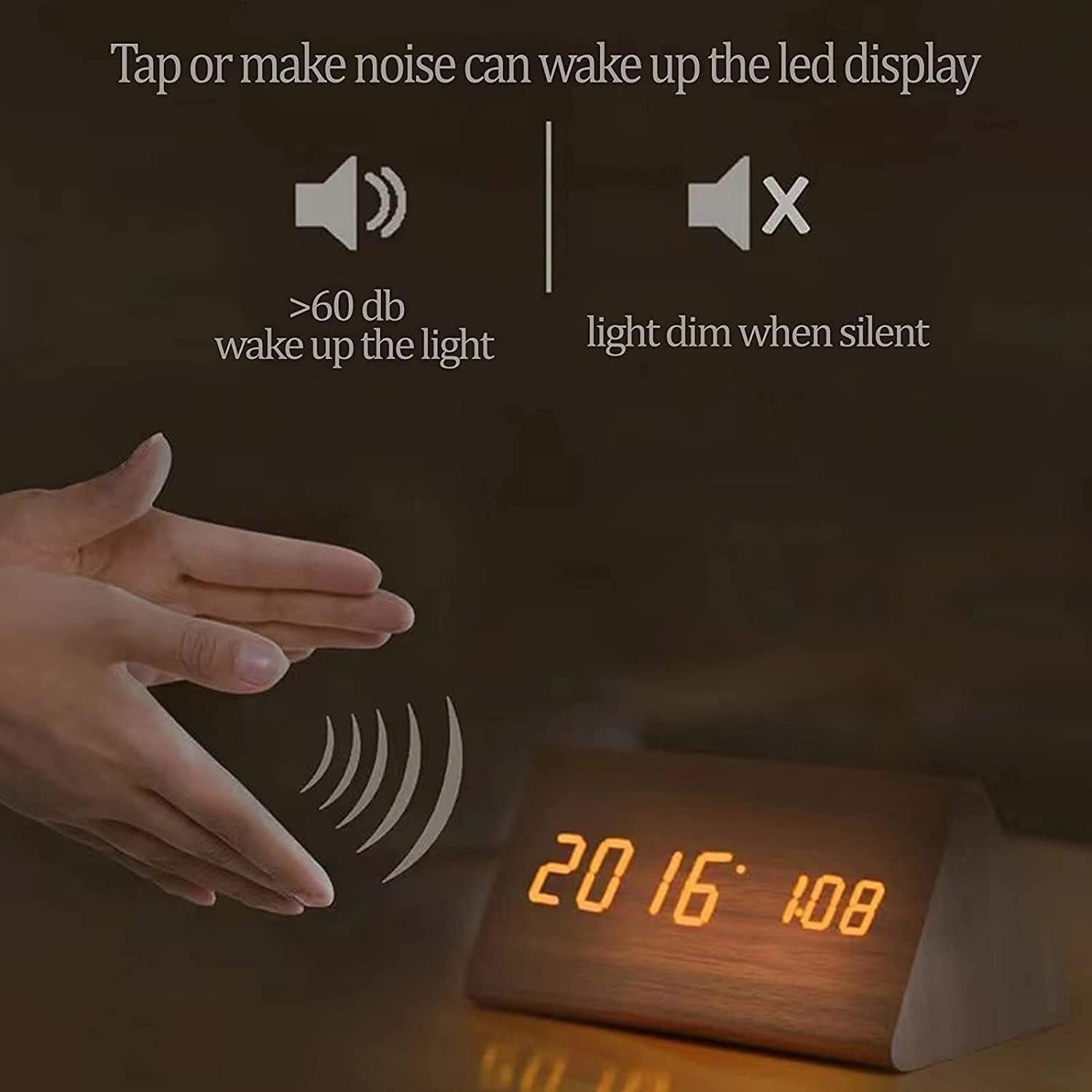Wooden LED Digital Alarm Clock Silent Bedside Snooze Temperature Display