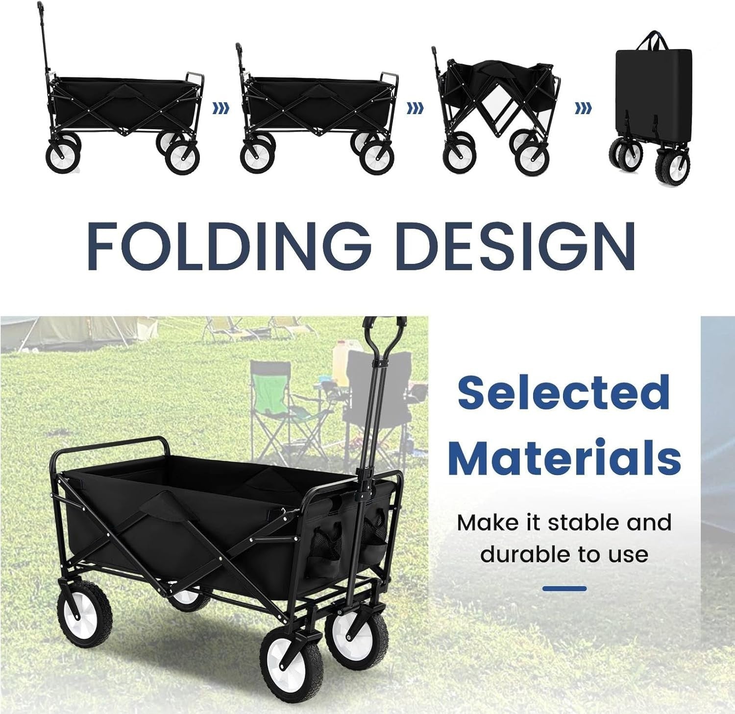 Folding Festival Trolley Wagon 82L Heavy Duty Cart All Terrain Wheels Black