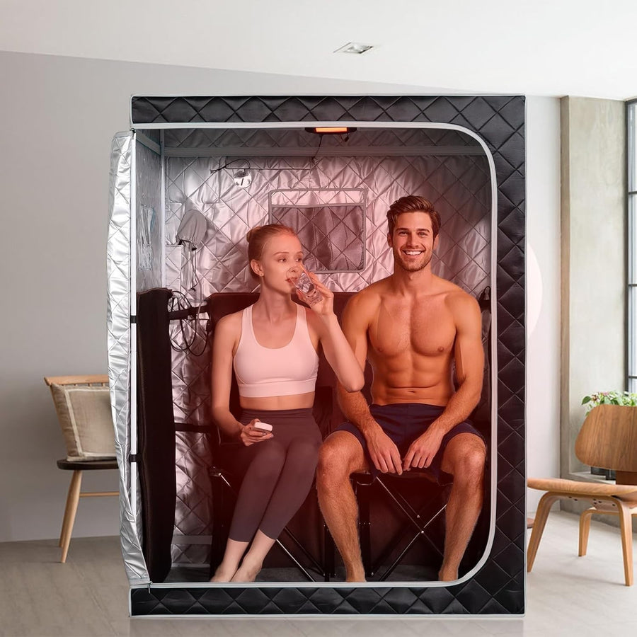 Two-Person Full-Size Infrared Sauna – Home SPA w/ Remote, Chairs & Light Grey