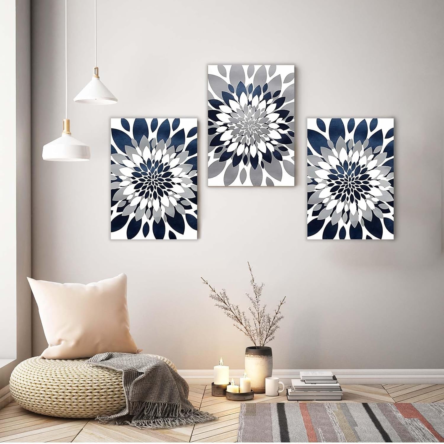 Framed Canvas Wall Art Set of 3 Navy Grey Mandala Prints 12x16 Modern Decor