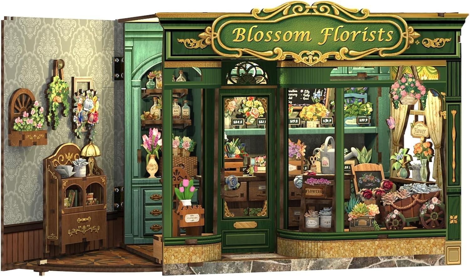 LED Florist Shop Book Nook Miniature House Bookend Bookshelf Decor