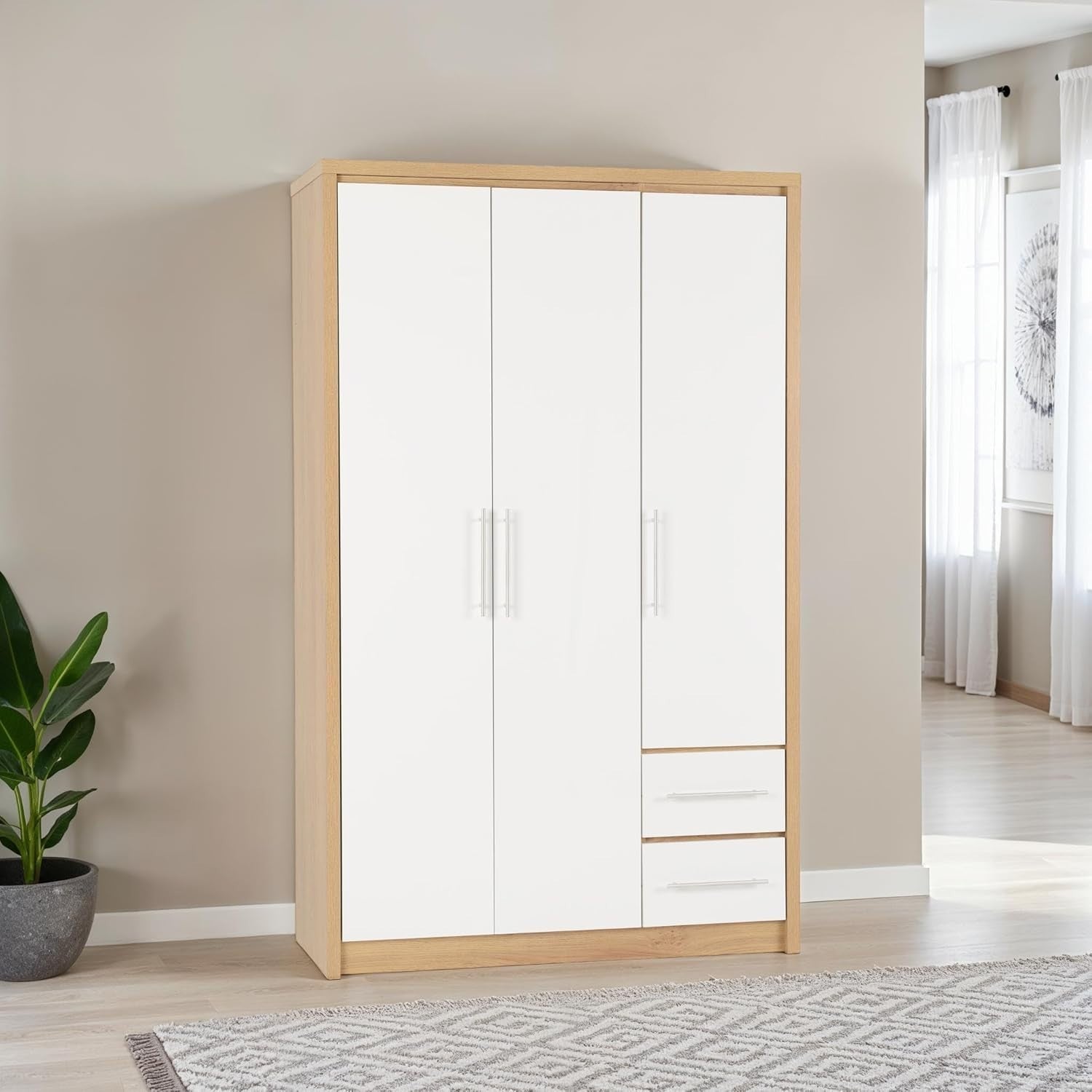 White Gloss 3 Door Wardrobe with 2 Drawers Oak Effect – Lockable Storage