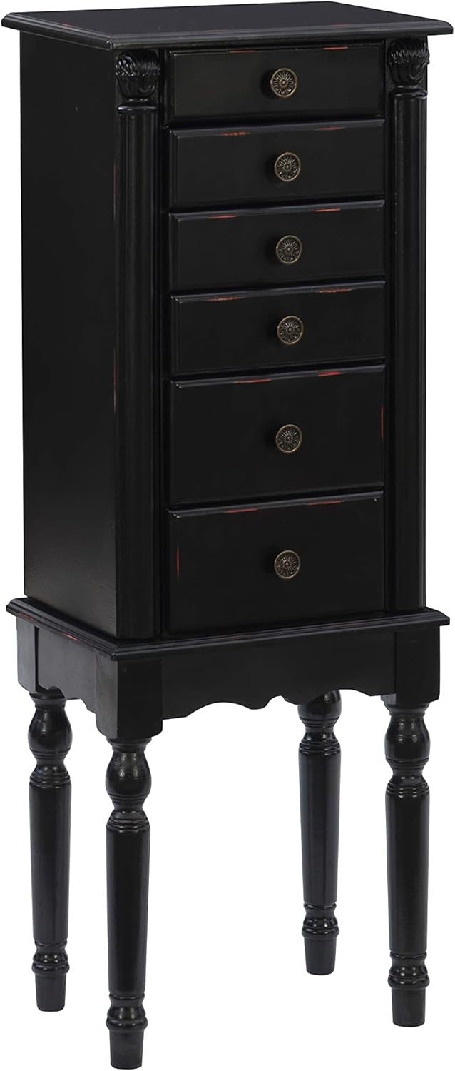 Distressed Ebony Black Jewellery Armoire with Mirror Side Doors Storage