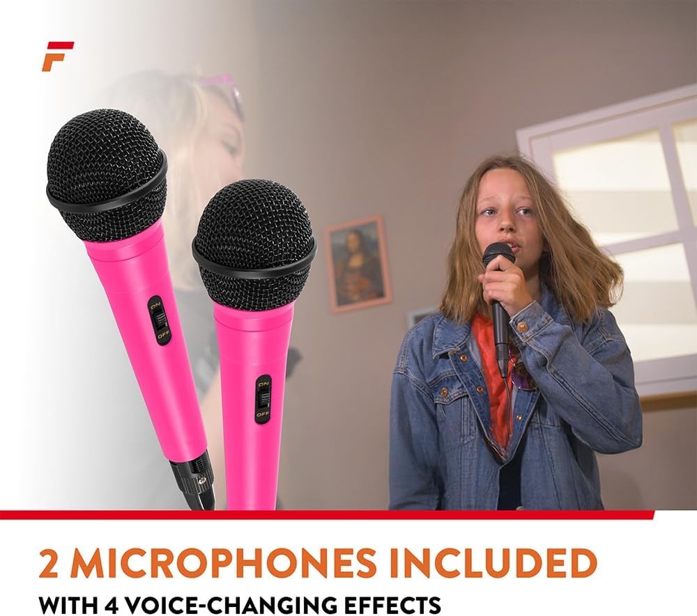 Kids Karaoke Machine 2 Mics Bluetooth LED Speaker USB-C Pink