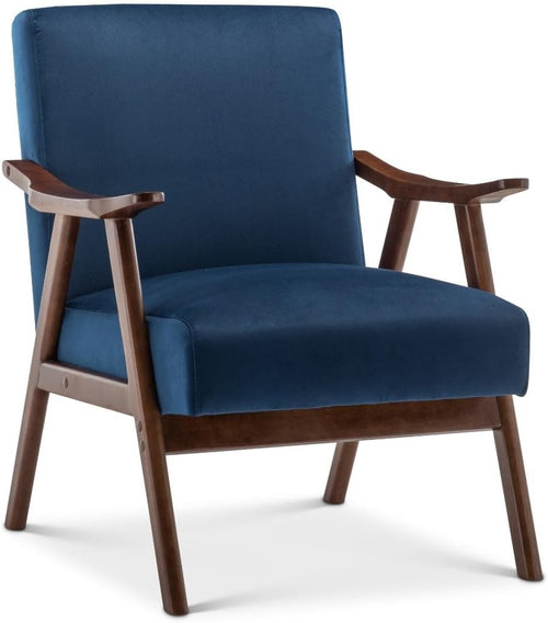 Blue Velvet Accent Armchair Retro Wooden Frame Lounge Chair