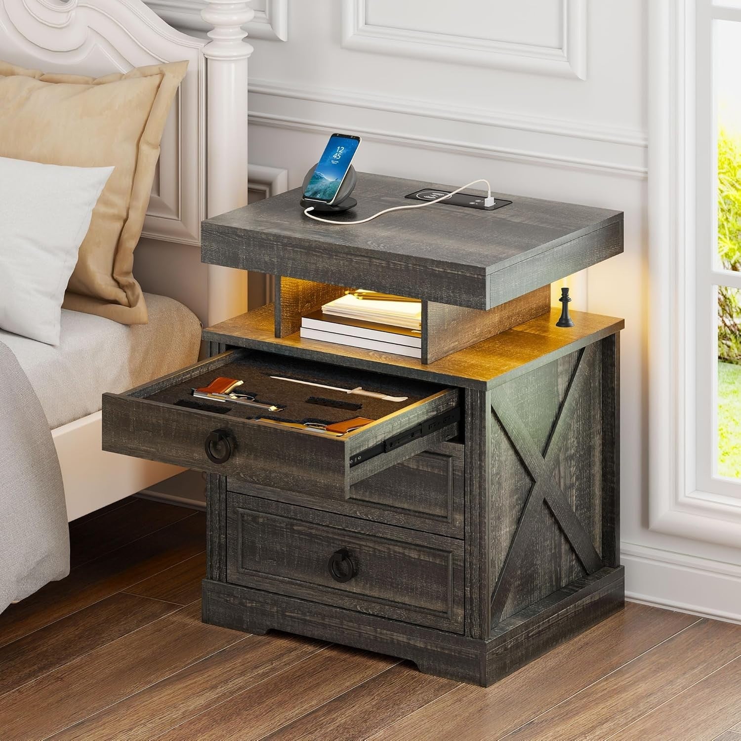 Set of 2 Rustic LED Bedside Tables with USB & Type-C Ports | Hidden Drawer
