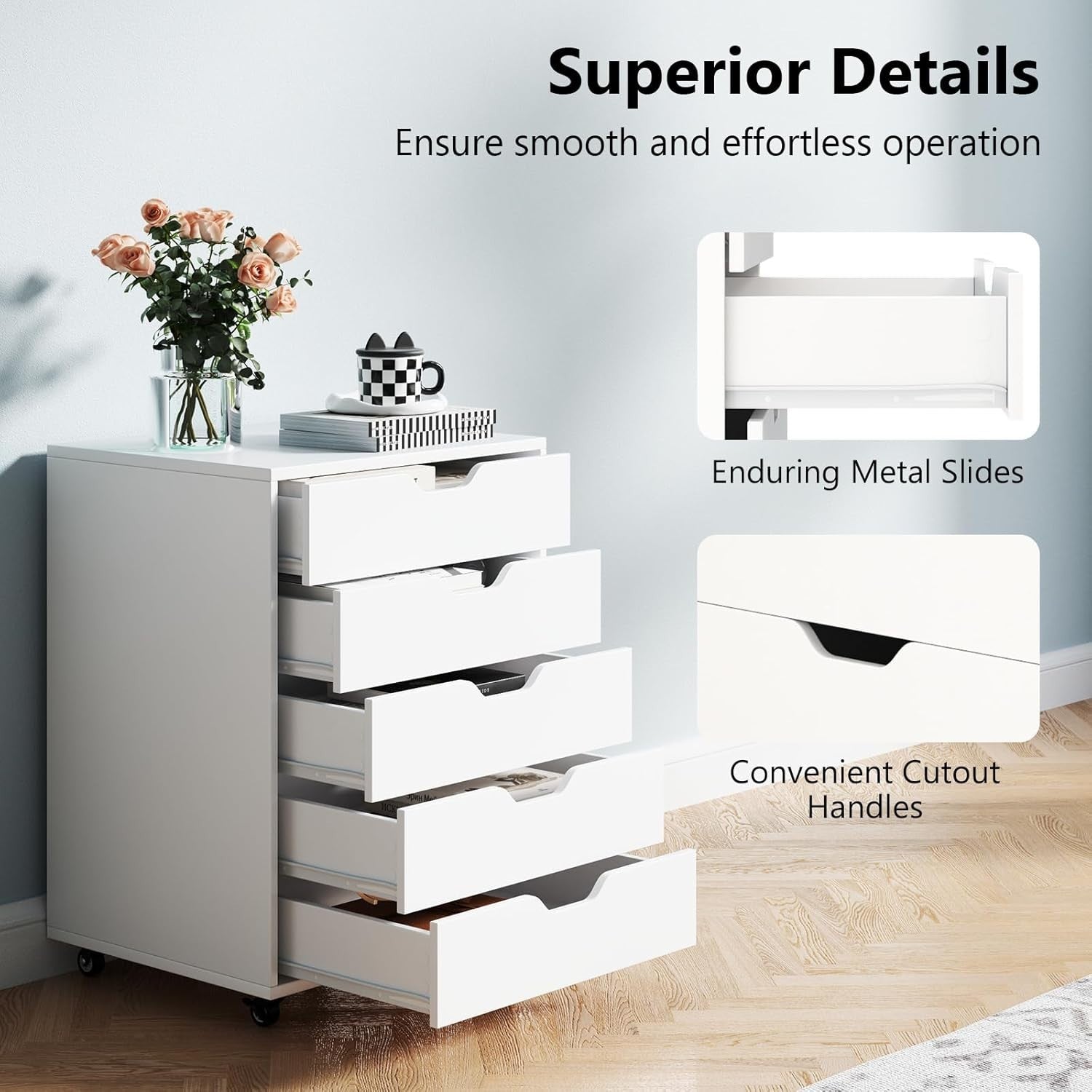 White Mobile File Cabinet 49x40x64cm 5 Drawer Printer Stand