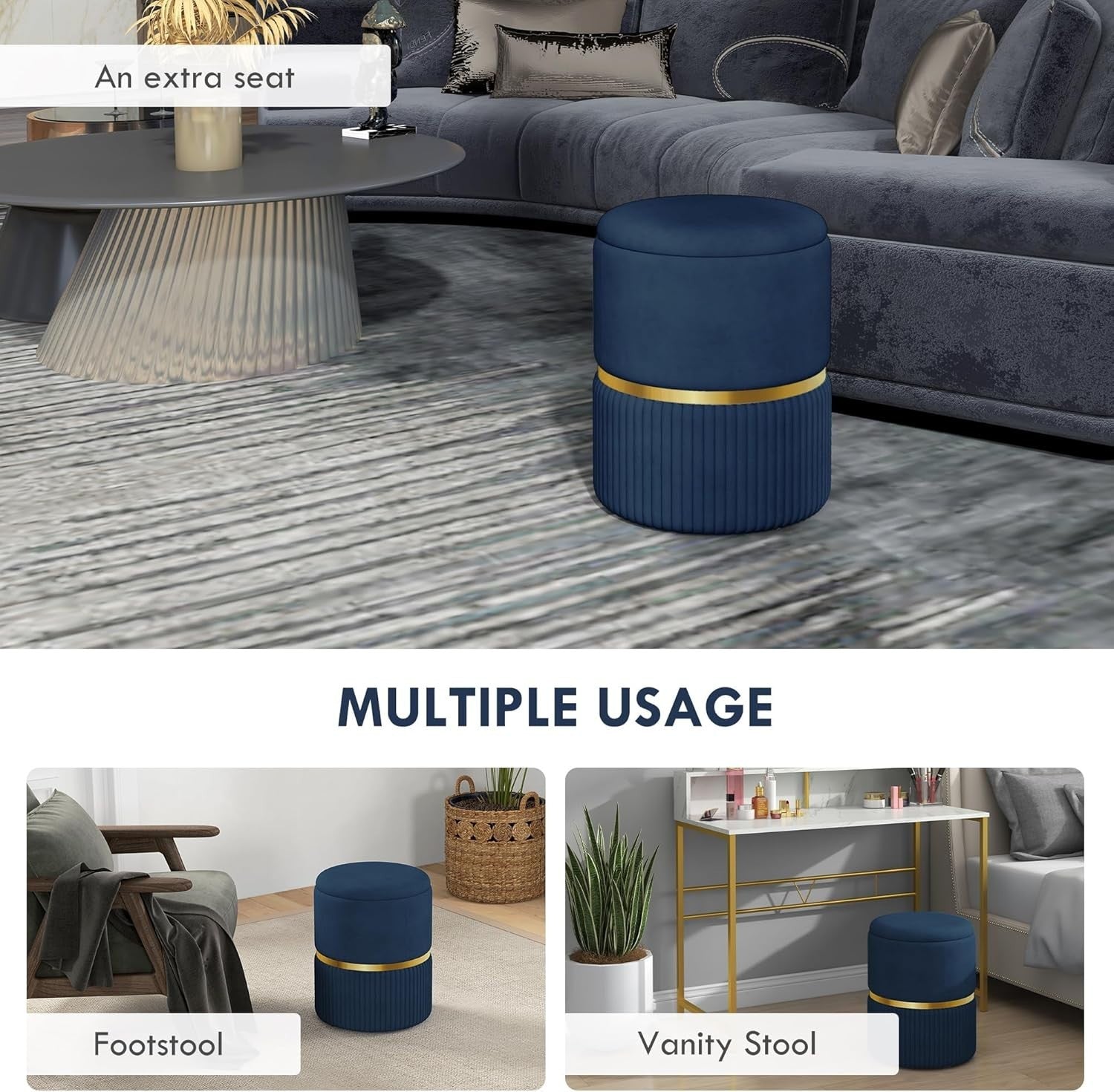 Dark Blue Velvet Round Storage Stool – Padded Ottoman with Hidden Space