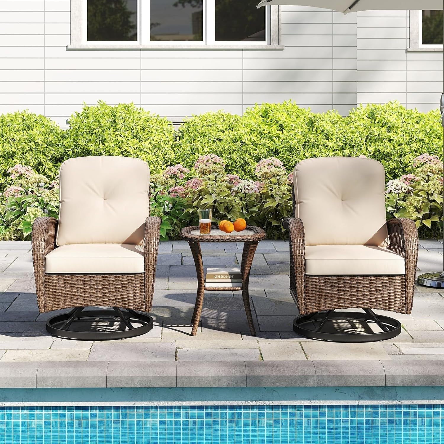 360° Rattan Swivel Rocker Chairs Set w/ Cushions & Table Outdoor Patio