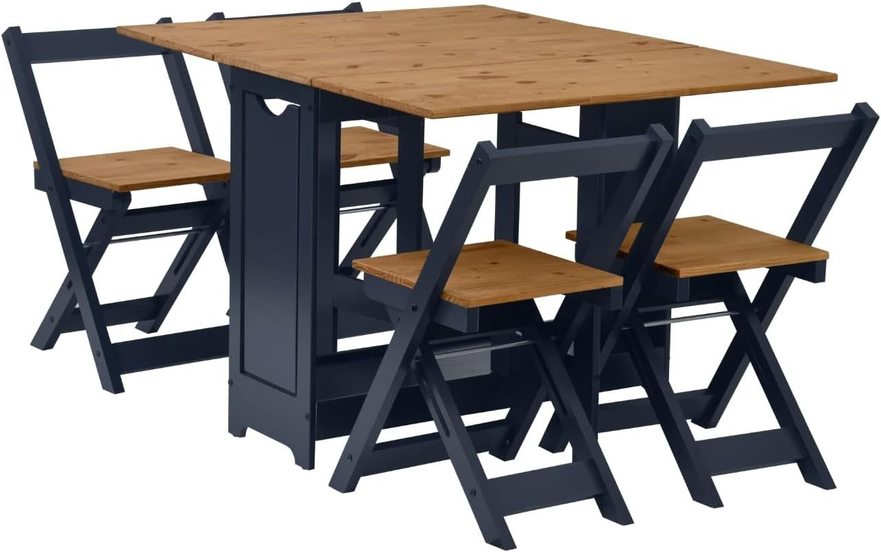 Folding Drop Leaf Dining Table & 4 Chairs Pine & Blue Set