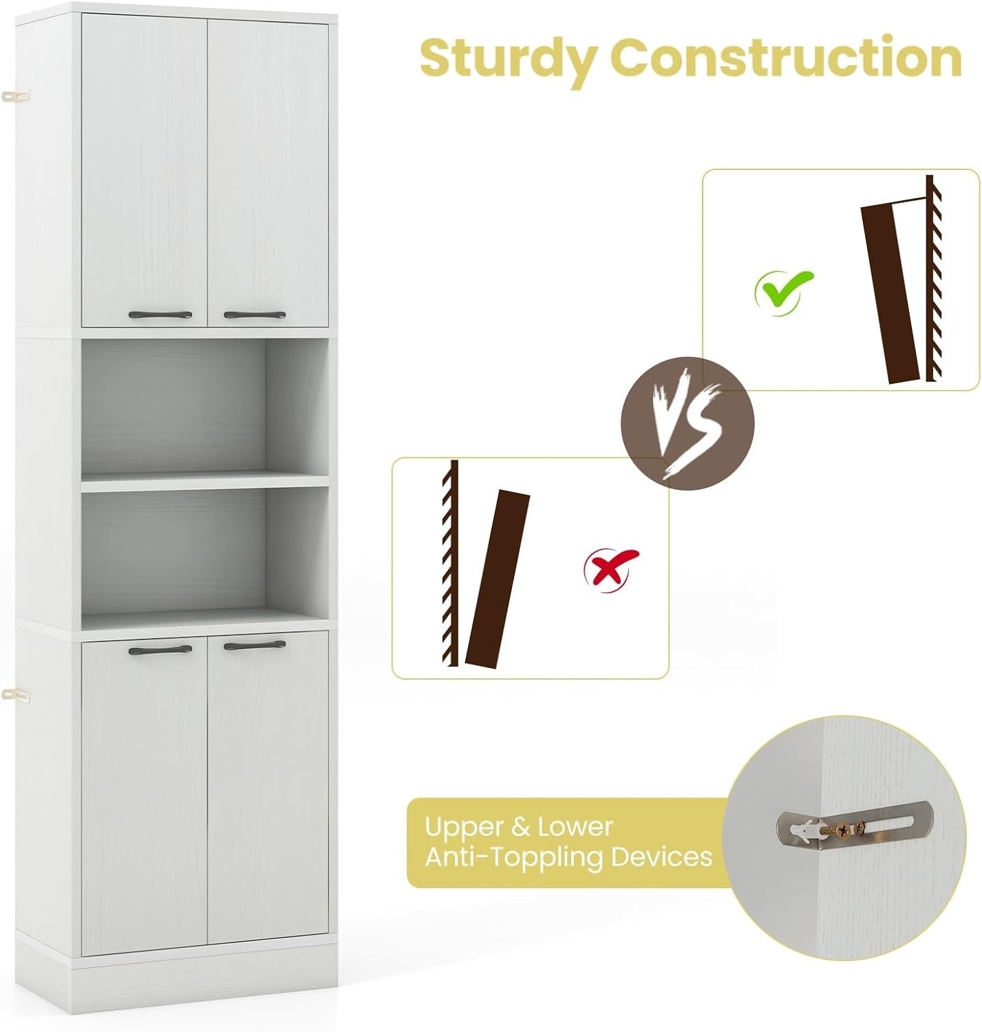 190cm Tall Kitchen Cupboard White Oak 4 Doors Open & Closed Storage Cabinet
