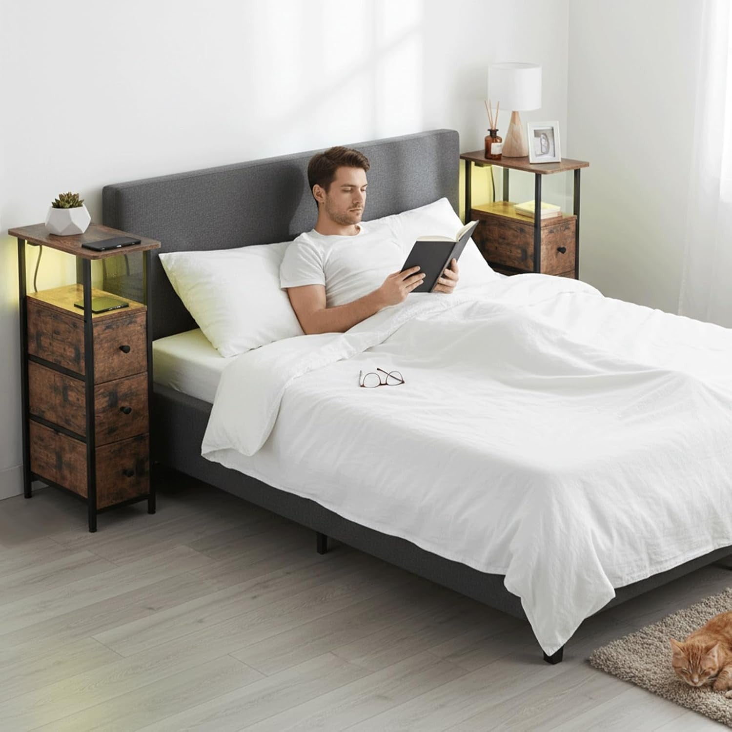 Slim LED Bedside Tables Set of 2 with USB Charging, 3 Drawers & Open Shelf