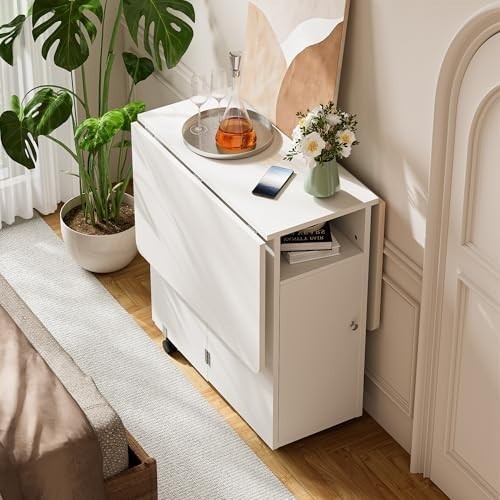 White Folding Drop Leaf Dining Table with Storage Drawer Shelves Space Saving